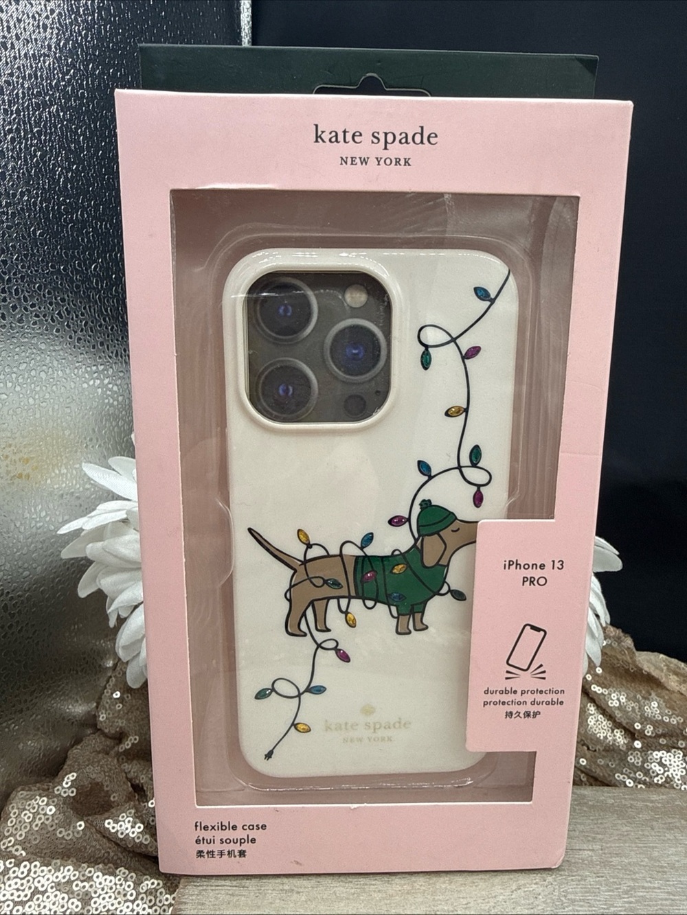 kate spade White Dachshund with Holiday Lights iPhone 13 Pro Case
